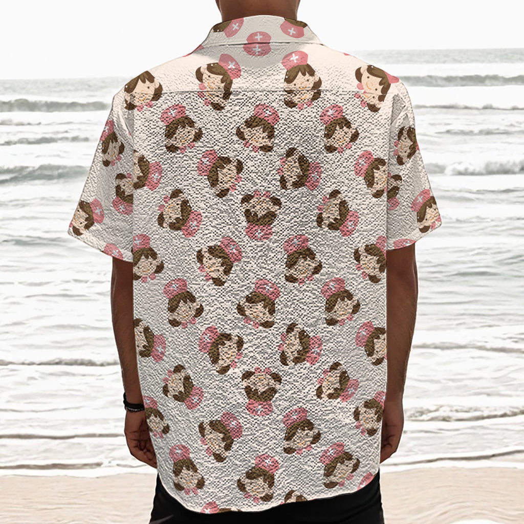Cute Cartoon Nurse Pattern Print Textured Short Sleeve Shirt