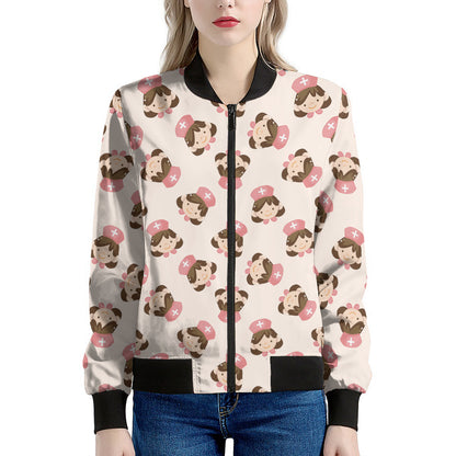 Cute Cartoon Nurse Pattern Print Women's Bomber Jacket