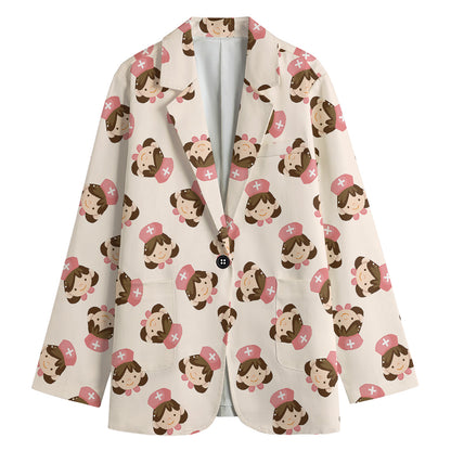 Cute Cartoon Nurse Pattern Print Women's Cotton Blazer