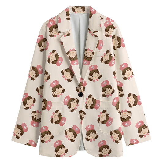 Cute Cartoon Nurse Pattern Print Women's Cotton Blazer