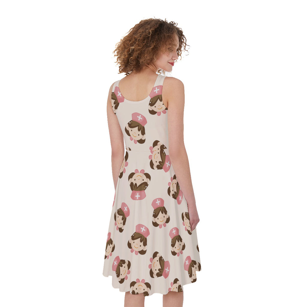 Cute Cartoon Nurse Pattern Print Women's Sleeveless Dress