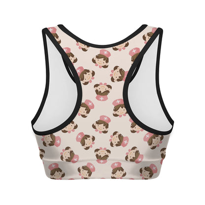 Cute Cartoon Nurse Pattern Print Women's Sports Bra