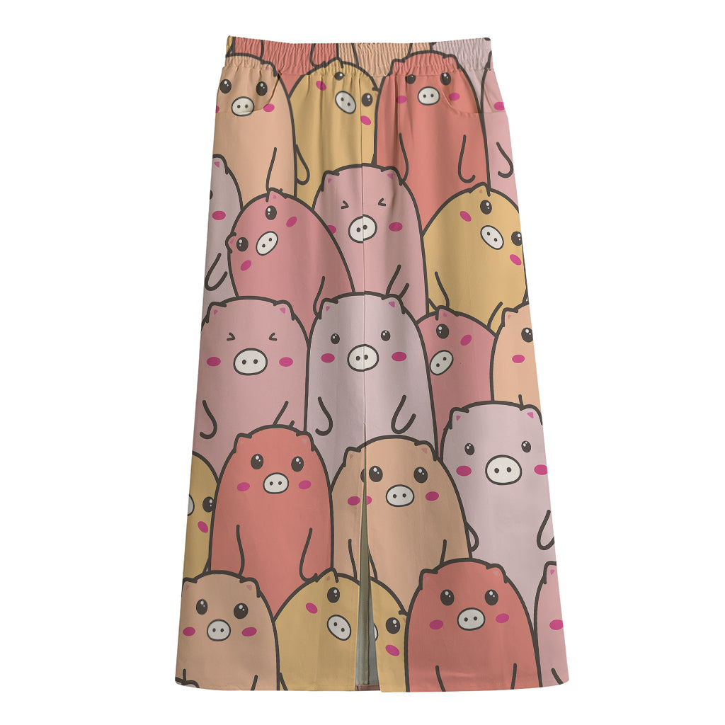 Cute Cartoon Pig Pattern Print Cotton Front Slit Maxi Skirt
