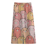 Cute Cartoon Pig Pattern Print Cotton Front Slit Maxi Skirt