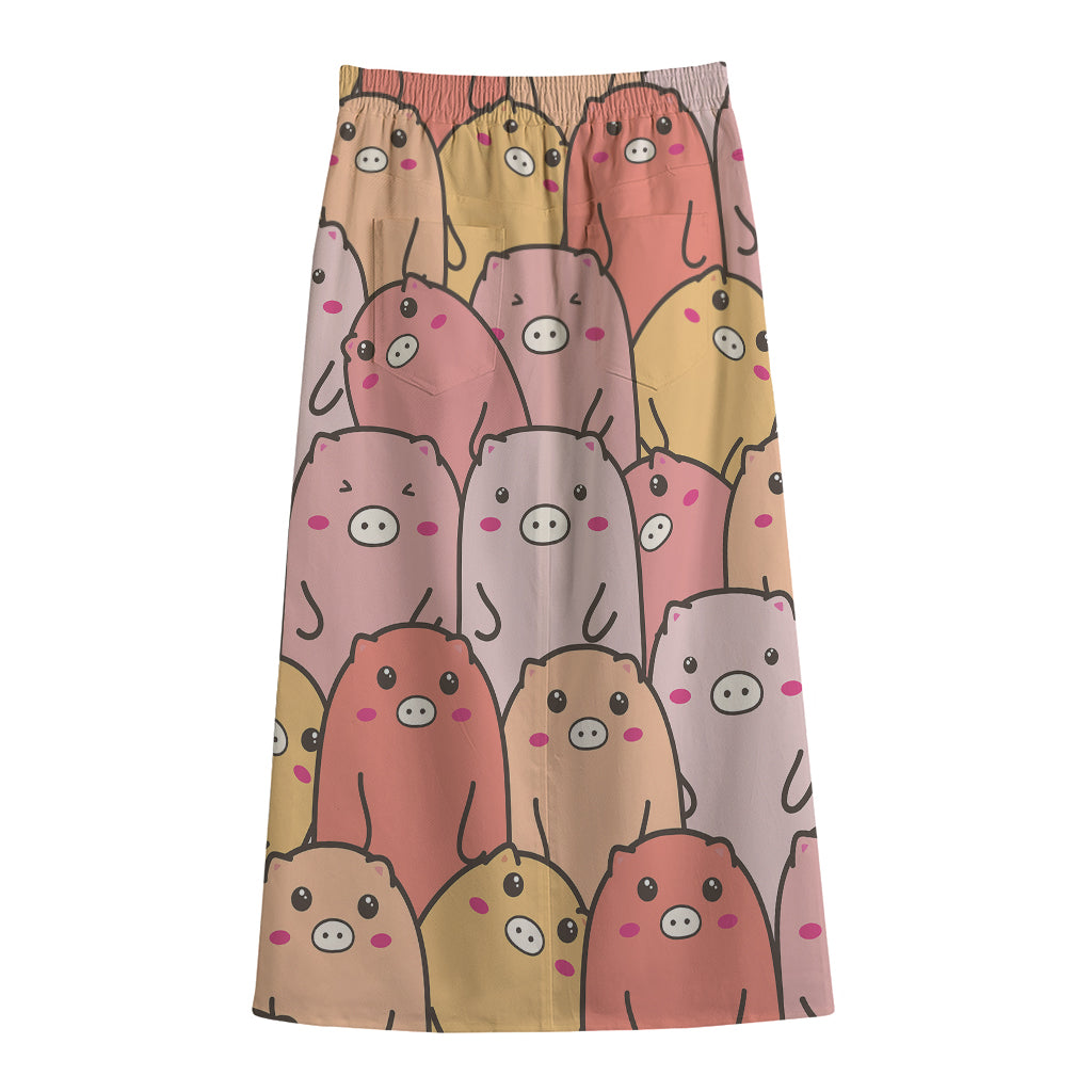 Cute Cartoon Pig Pattern Print Cotton Front Slit Maxi Skirt