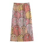 Cute Cartoon Pig Pattern Print Cotton Front Slit Maxi Skirt