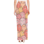 Cute Cartoon Pig Pattern Print High Slit Maxi Skirt