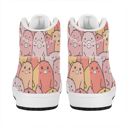 Cute Cartoon Pig Pattern Print High Top Leather Sneakers