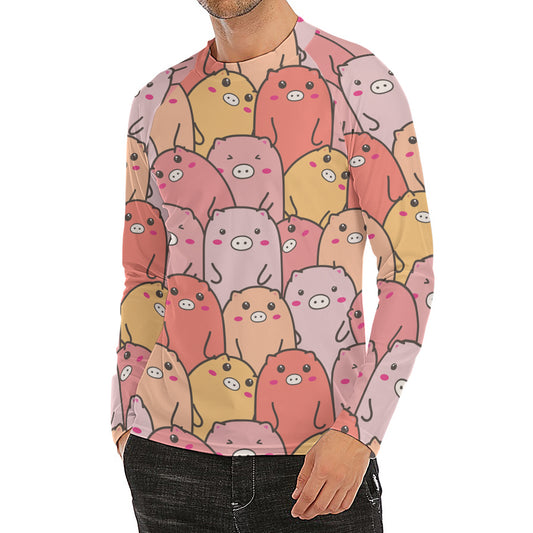 Cute Cartoon Pig Pattern Print Men's Long Sleeve Rash Guard