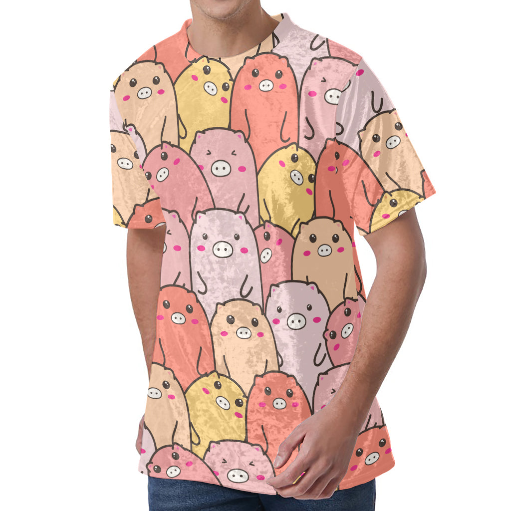Cute Cartoon Pig Pattern Print Men's Velvet T-Shirt