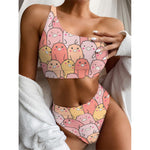 Cute Cartoon Pig Pattern Print One Shoulder Bikini Top