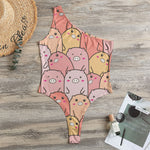 Cute Cartoon Pig Pattern Print One Shoulder Bodysuit