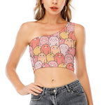 Cute Cartoon Pig Pattern Print One Shoulder Crop Top