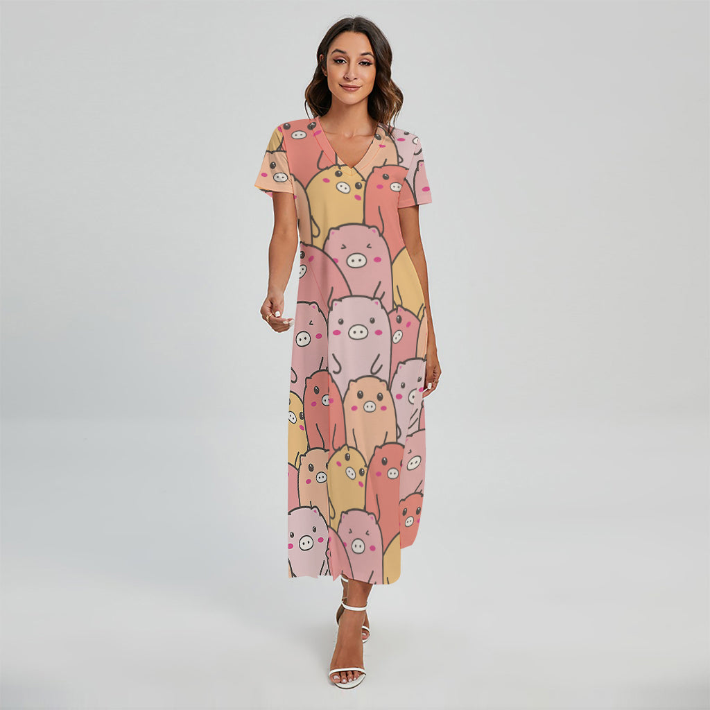Cute Cartoon Pig Pattern Print Short Sleeve Maxi Dress