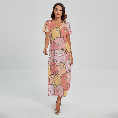 Cute Cartoon Pig Pattern Print Short Sleeve Maxi Dress