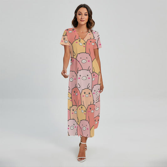 Cute Cartoon Pig Pattern Print Short Sleeve Maxi Dress