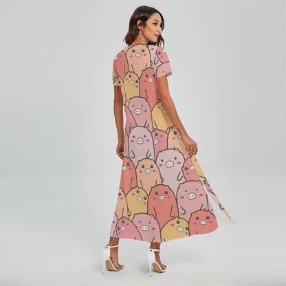 Cute Cartoon Pig Pattern Print Short Sleeve Maxi Dress
