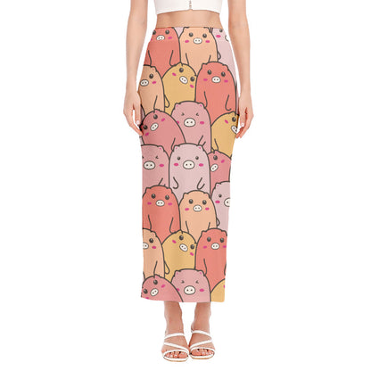 Cute Cartoon Pig Pattern Print Side Slit Maxi Skirt