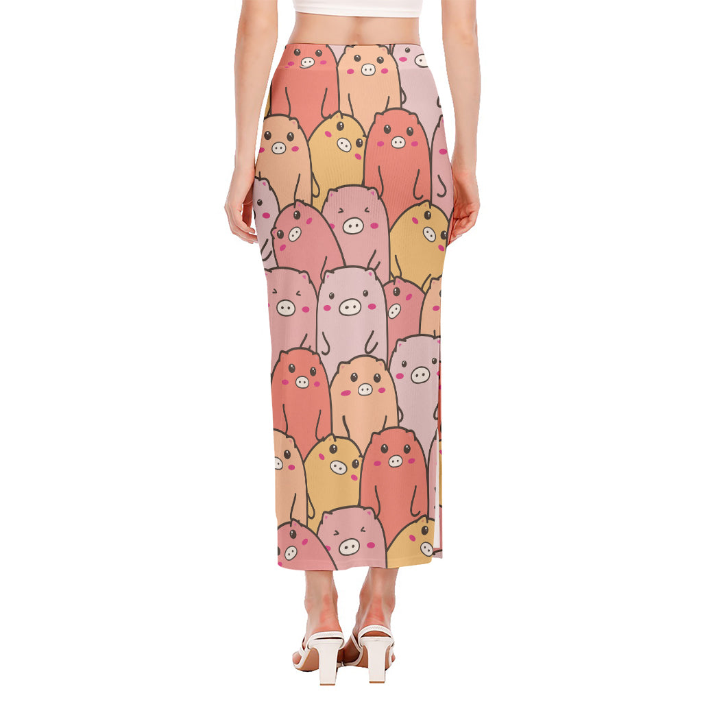 Cute Cartoon Pig Pattern Print Side Slit Maxi Skirt