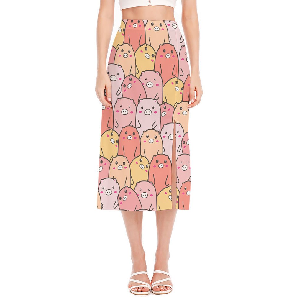 Cute Cartoon Pig Pattern Print Side Slit Midi Skirt