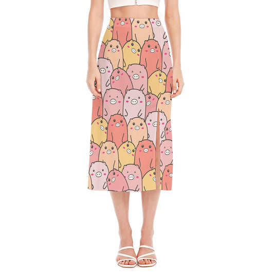 Cute Cartoon Pig Pattern Print Side Slit Midi Skirt