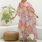 Cute Cartoon Pig Pattern Print Silk V-Neck Kaftan Dress