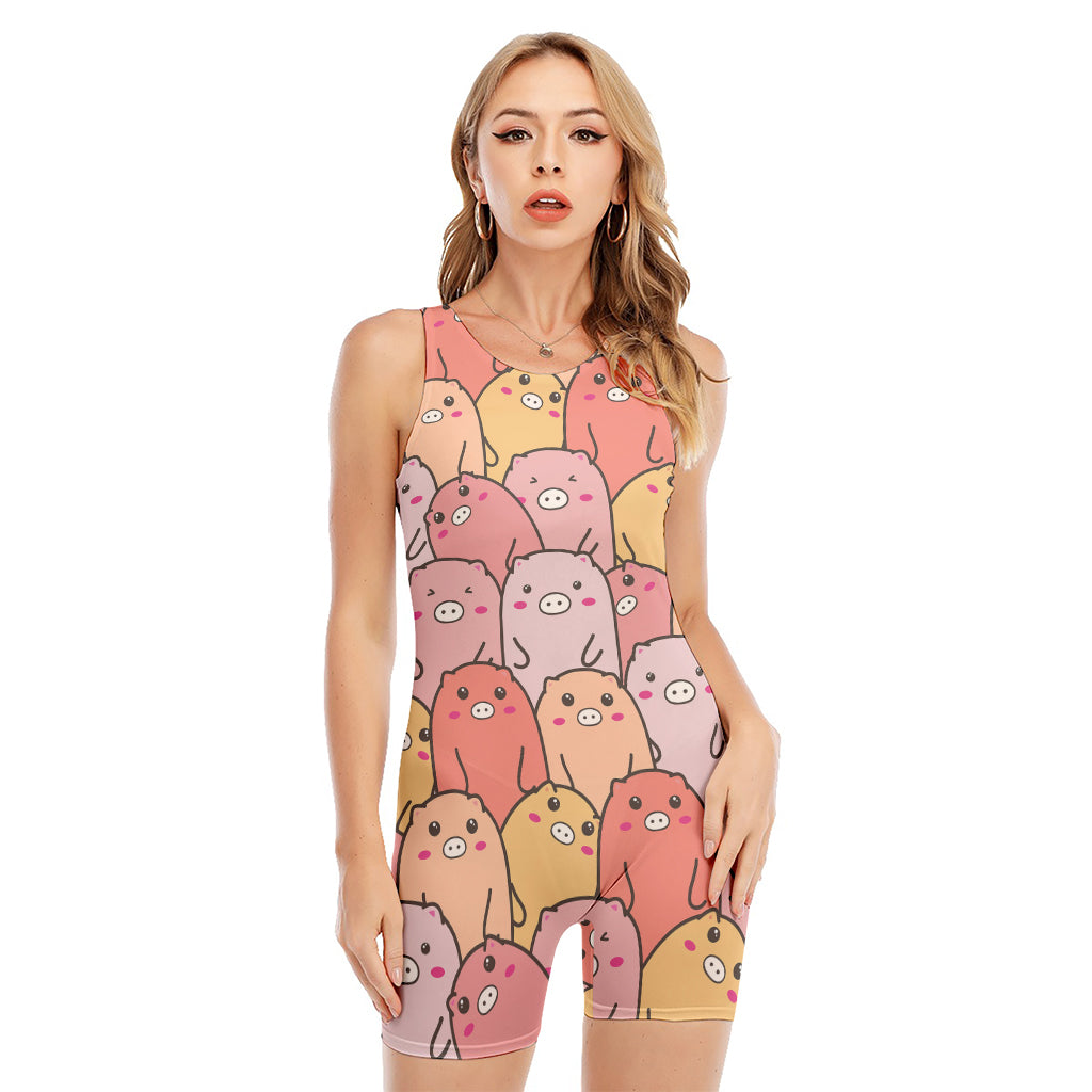 Cute Cartoon Pig Pattern Print Sleeveless One Piece Swimsuit
