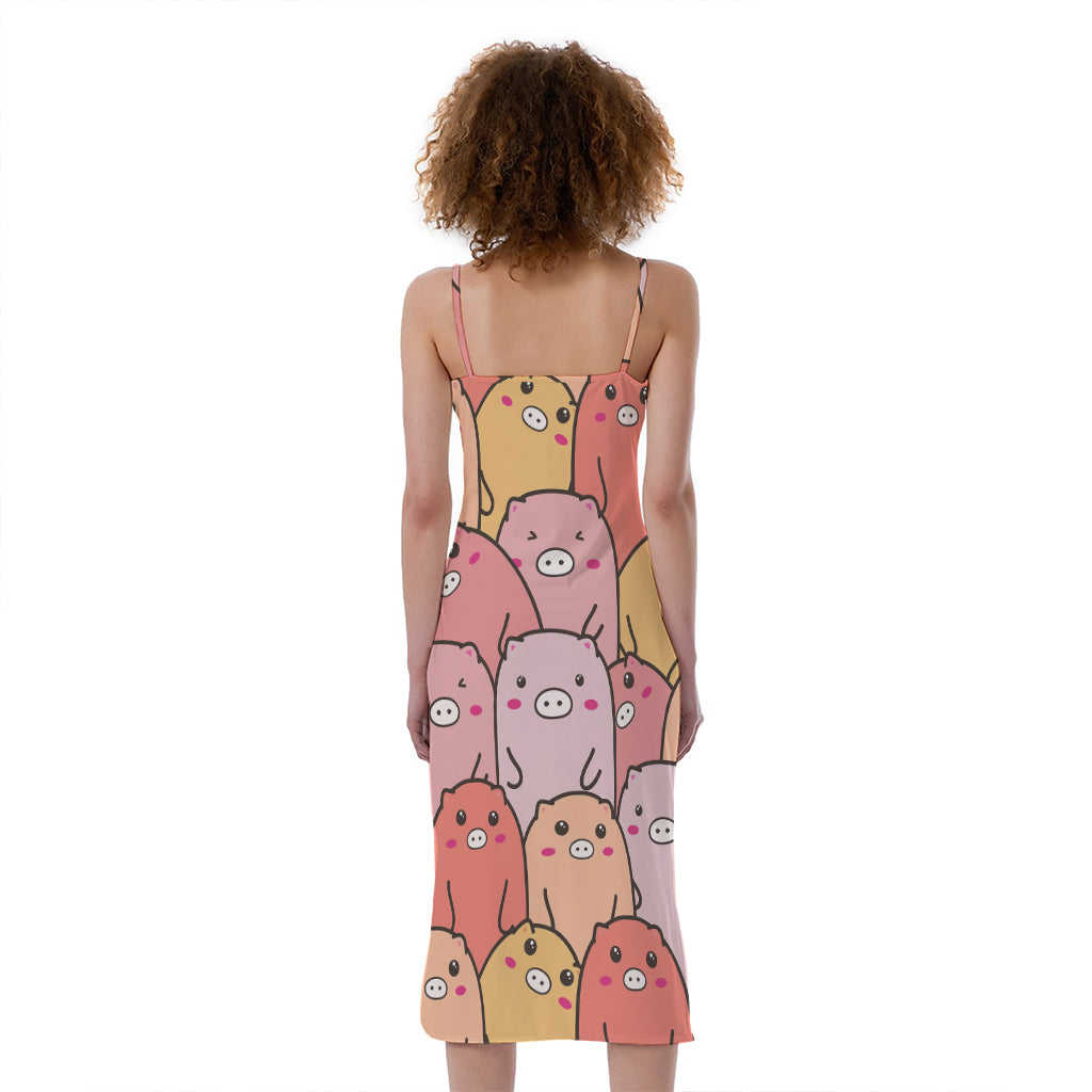 Cute Cartoon Pig Pattern Print Slim Fit Midi Cami Dress