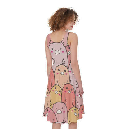 Cute Cartoon Pig Pattern Print Women's Sleeveless Dress