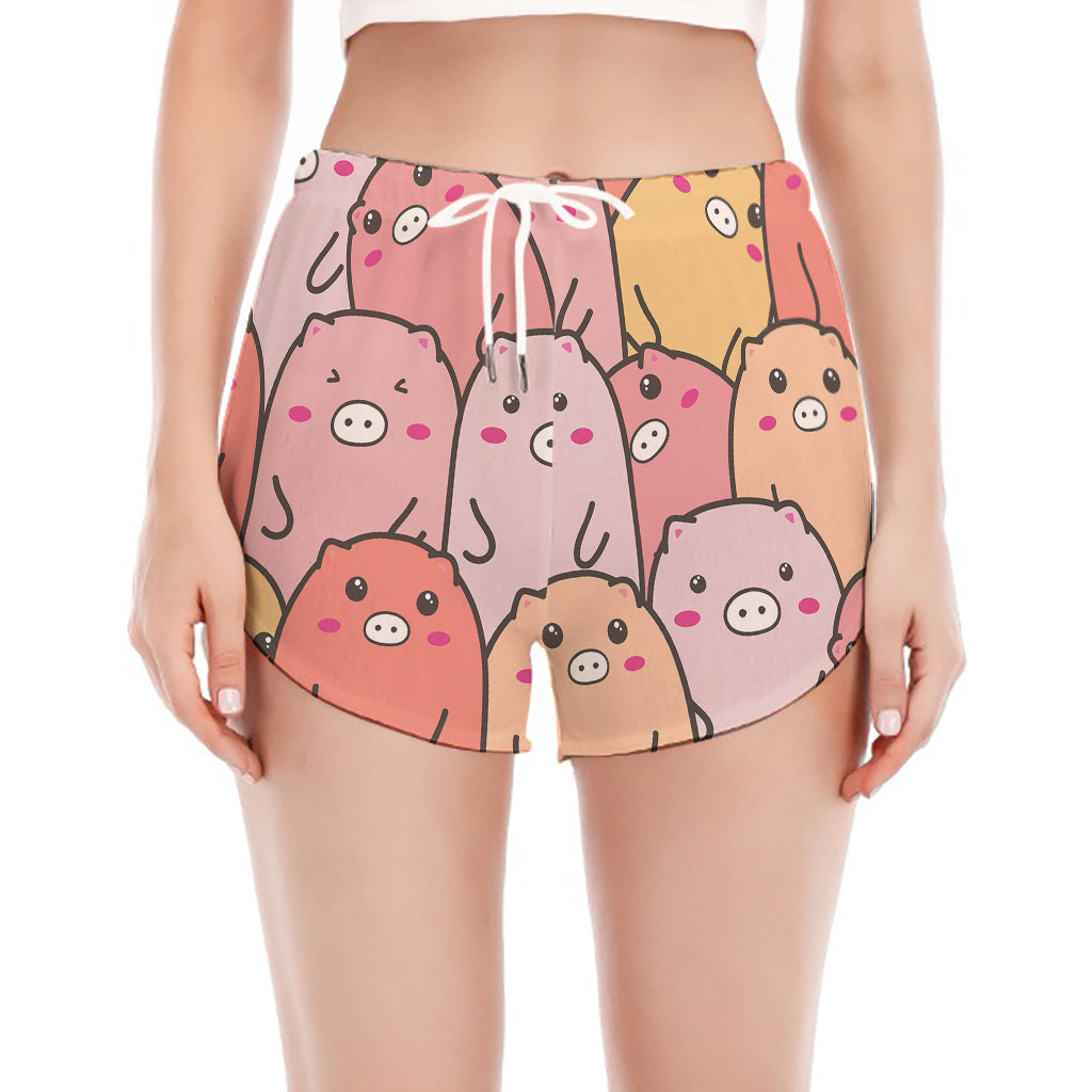 Cute Cartoon Pig Pattern Print Women's Split Running Shorts