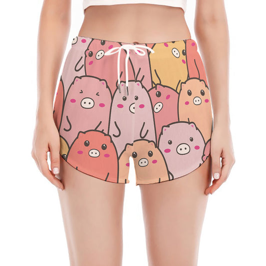 Cute Cartoon Pig Pattern Print Women's Split Running Shorts