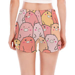 Cute Cartoon Pig Pattern Print Women's Split Running Shorts