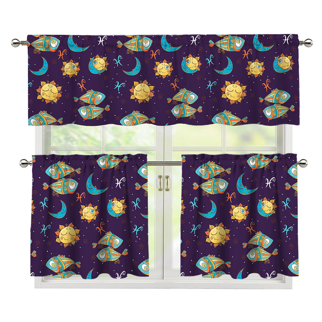 Cute Cartoon Pisces Pattern Print 3 Piece Kitchen Curtains