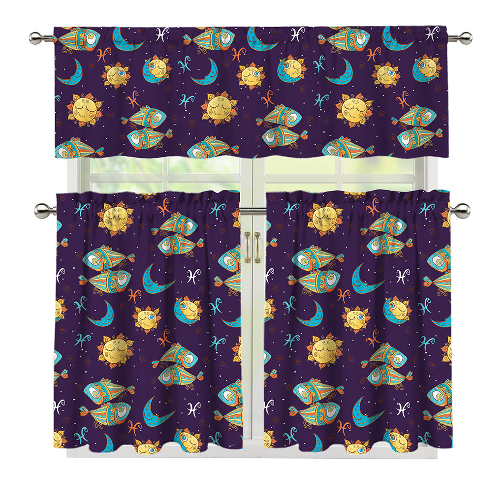Cute Cartoon Pisces Pattern Print 3 Piece Kitchen Curtains