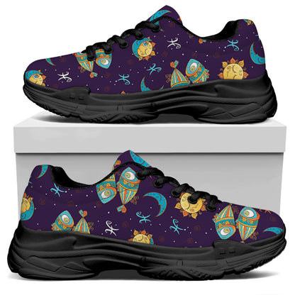 Cute Cartoon Pisces Pattern Print Black Chunky Shoes