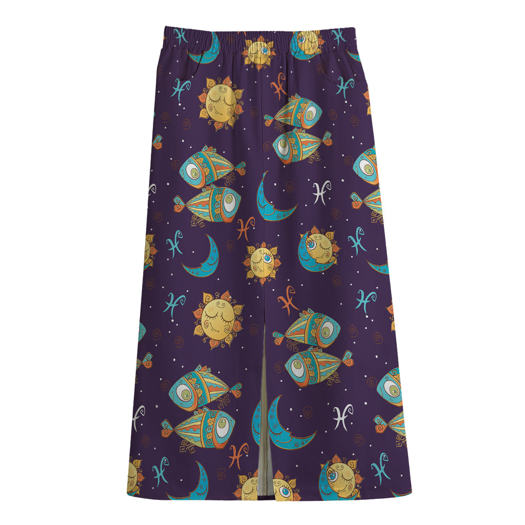 Cute Cartoon Pisces Pattern Print Cotton Front Slit Maxi Skirt