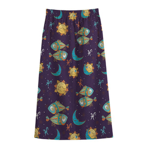 Cute Cartoon Pisces Pattern Print Cotton Front Slit Maxi Skirt