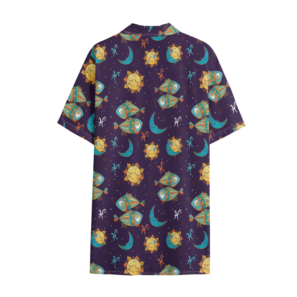 Cute Cartoon Pisces Pattern Print Cotton Hawaiian Shirt