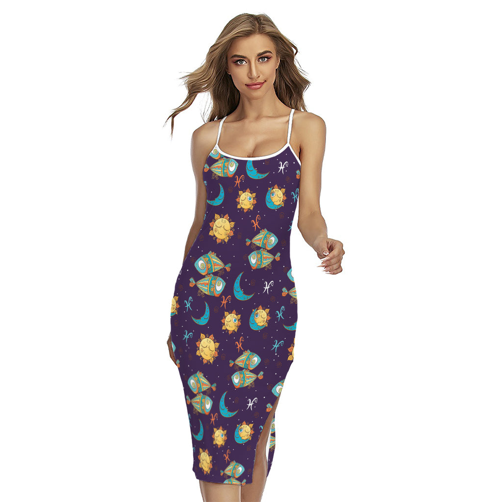 Cute Cartoon Pisces Pattern Print Cross Back Cami Dress