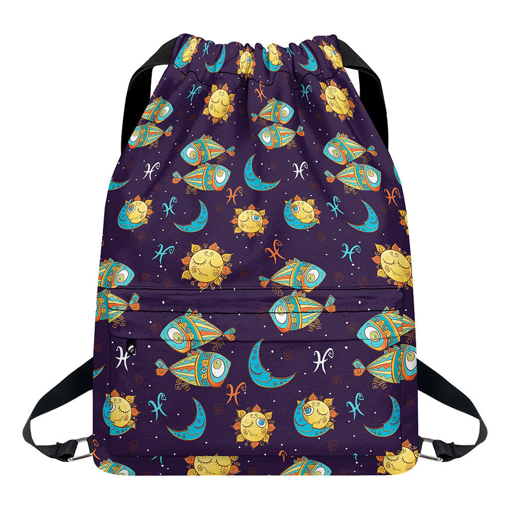 Cute Cartoon Pisces Pattern Print Drawstring Backpack