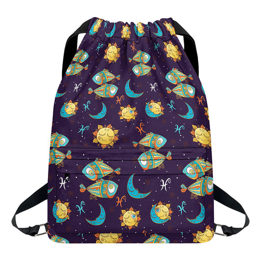 Cute Cartoon Pisces Pattern Print Drawstring Backpack
