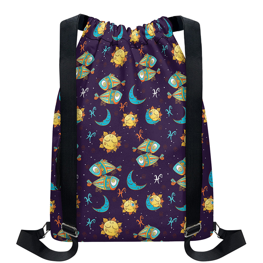 Cute Cartoon Pisces Pattern Print Drawstring Backpack