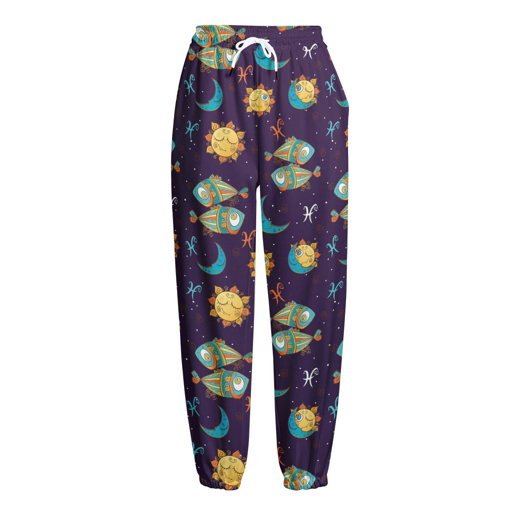 Cute Cartoon Pisces Pattern Print Fleece Lined Knit Pants