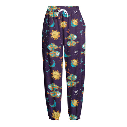 Cute Cartoon Pisces Pattern Print Fleece Lined Knit Pants