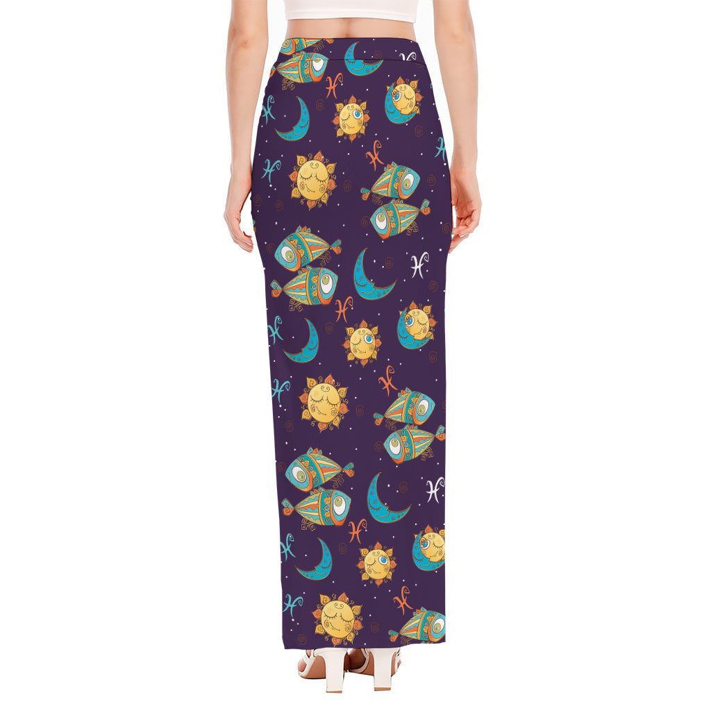 Cute Cartoon Pisces Pattern Print High Slit Maxi Skirt