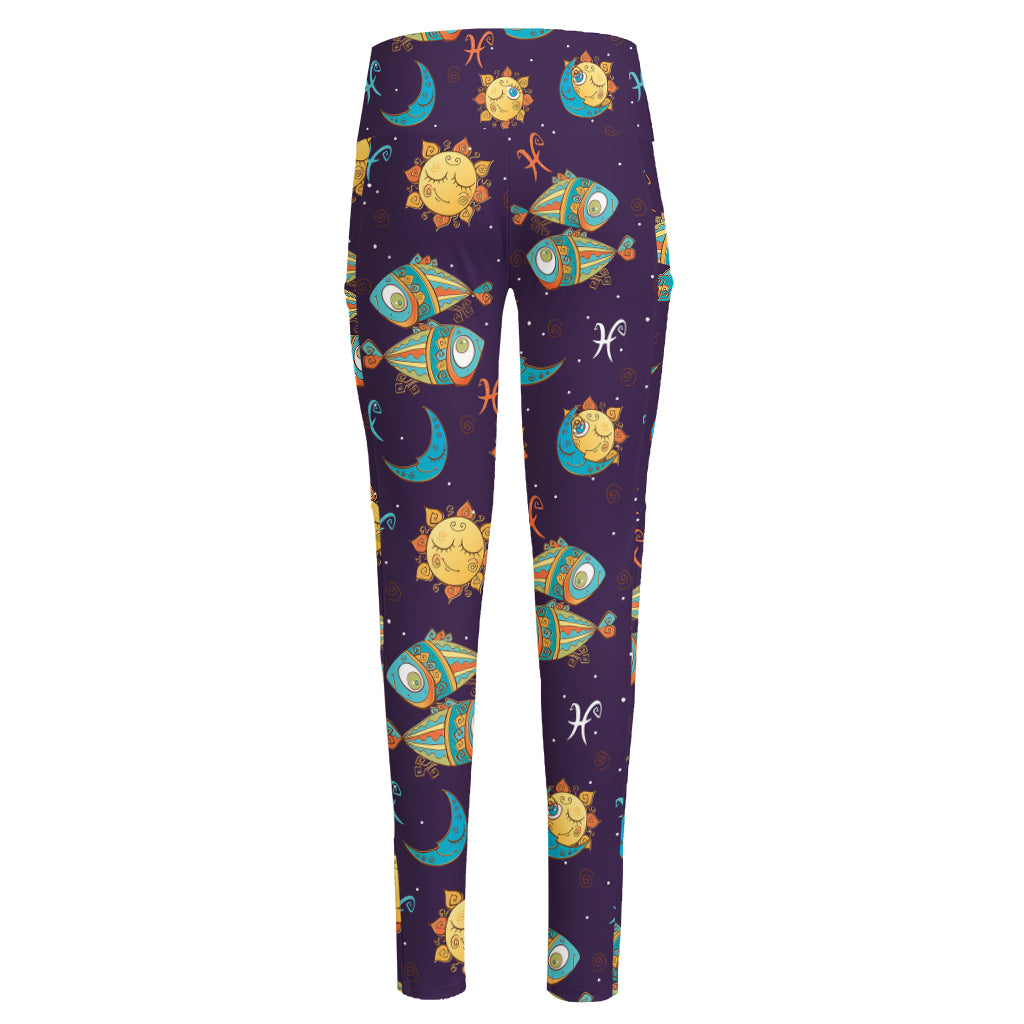 Cute Cartoon Pisces Pattern Print High-Waisted Pocket Leggings