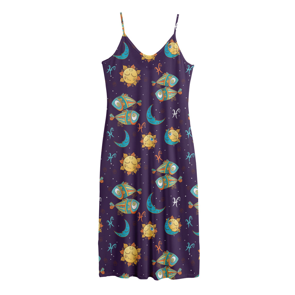 Cute Cartoon Pisces Pattern Print Jersey Midi Cami Dress