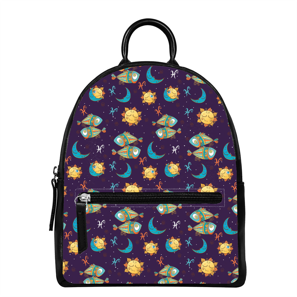 Cute Cartoon Pisces Pattern Print Leather Backpack
