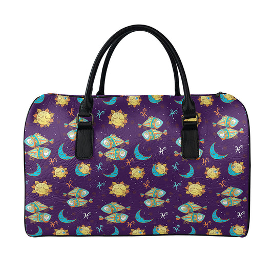 Cute Cartoon Pisces Pattern Print Leather Duffle Bag
