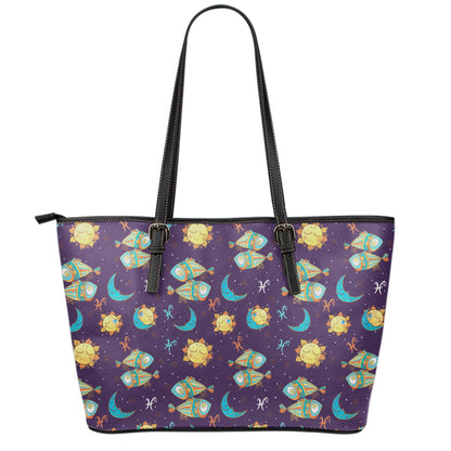 Cute Cartoon Pisces Pattern Print Leather Tote Bag